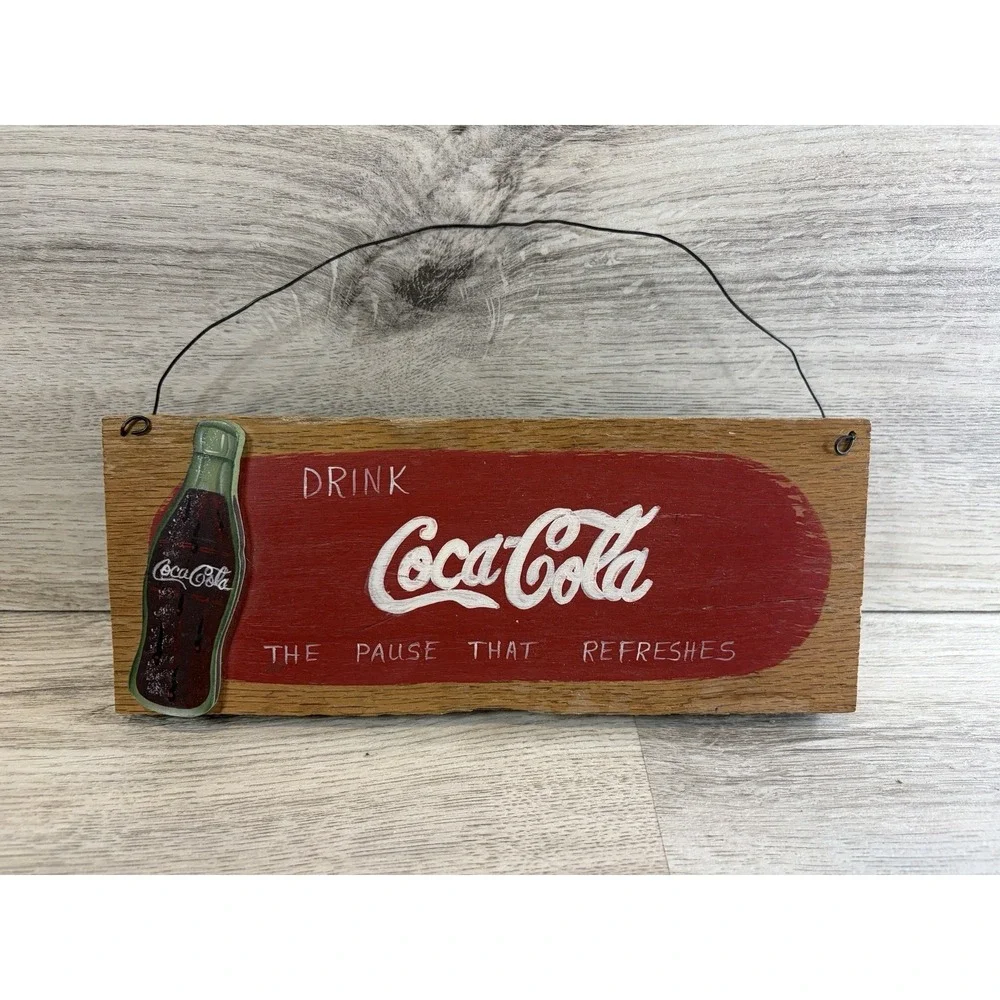 Vintage Coca‎ Cola Small Wooden Sign Wire Hanger Decor Coke